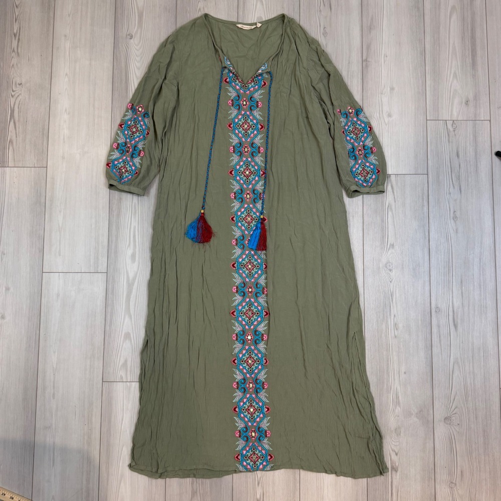 Soft Surroundings Embroidered Tassel Maxi Dress Green XL 2FB07 Boho